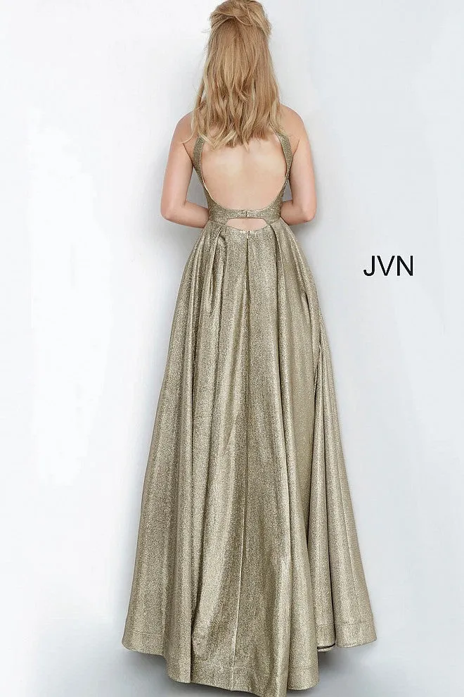 Jovani JVN2368 Size 14 Bronze/Silver Metallic A Line Prom Dress Pockets Ballgown High Neckline