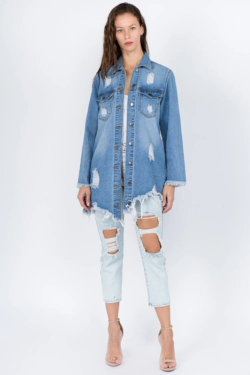 KESLEY 100% Cotton Jean Shirt  Distressed Frayed Hem Denim Jacket