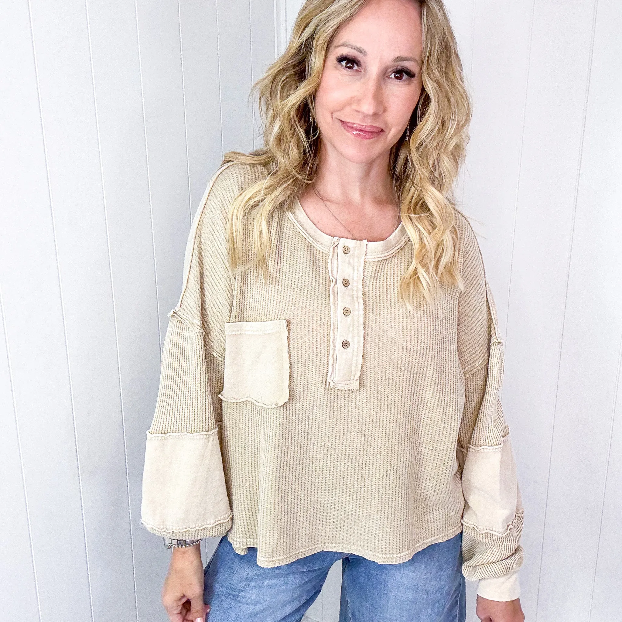 Khaki Long Sleeve Thermal Mix Terry Knit Pullover Top