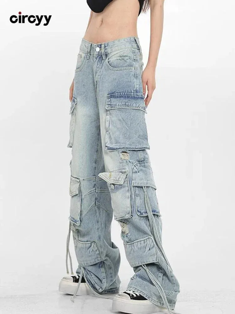 Light Blue Cargo Pants Women High Waisted Jeans Full Length Ripped