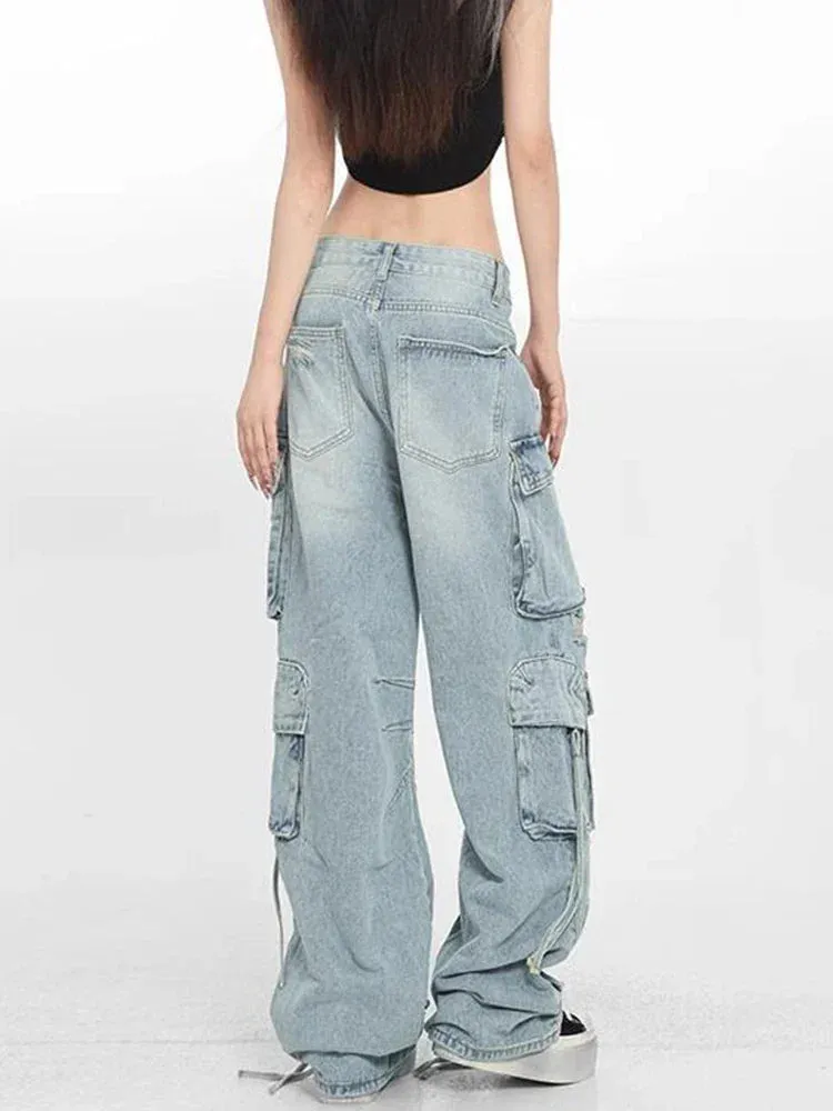 Light Blue Cargo Pants Women High Waisted Jeans Full Length Ripped