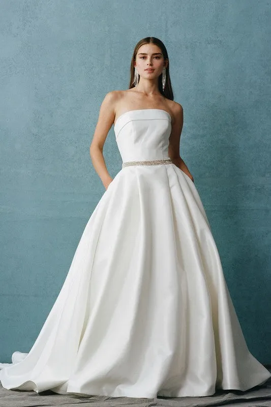 Off White Strapless, Straight Neck, Ballgown