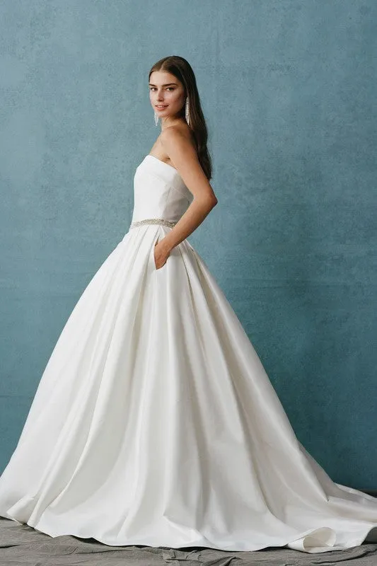 Off White Strapless, Straight Neck, Ballgown