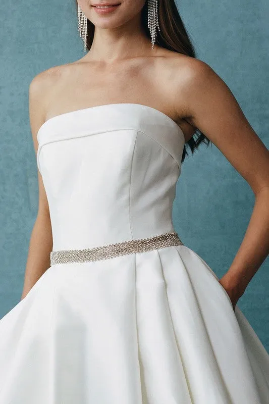 Off White Strapless, Straight Neck, Ballgown