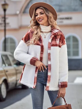 Patch Plaid Plush Drop Shoulder Jacket