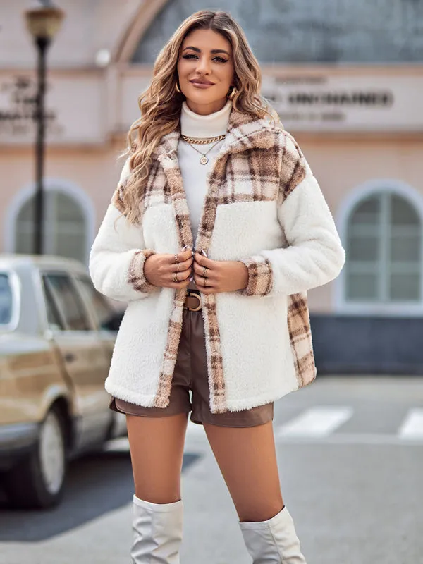 Patch Plaid Plush Drop Shoulder Jacket