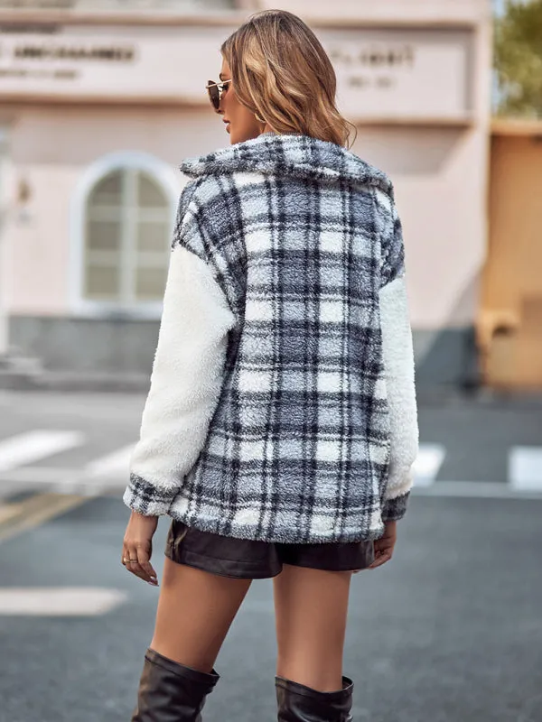 Patch Plaid Plush Drop Shoulder Jacket