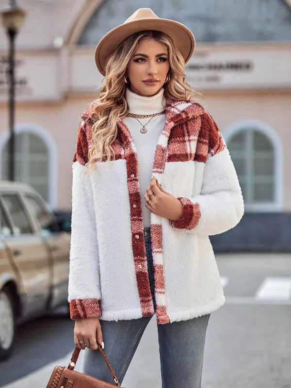 Patch Plaid Plush Drop Shoulder Jacket