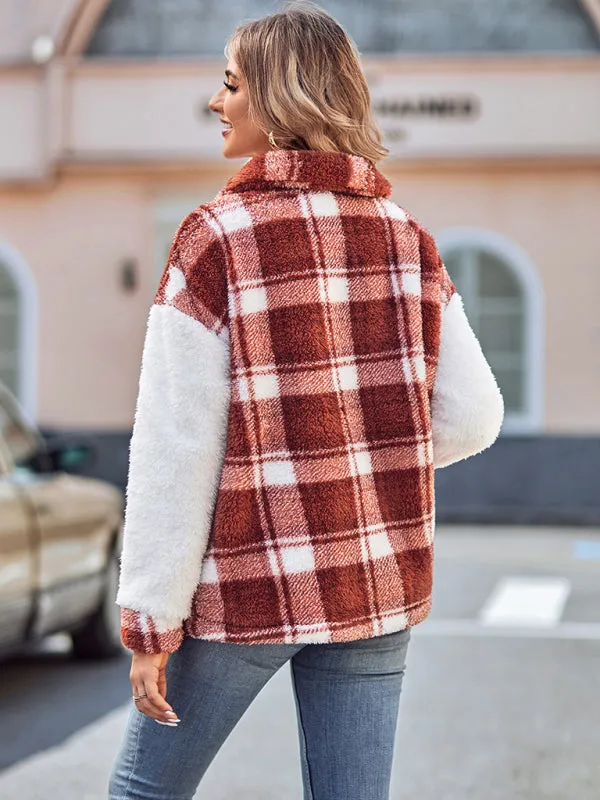 Patch Plaid Plush Drop Shoulder Jacket