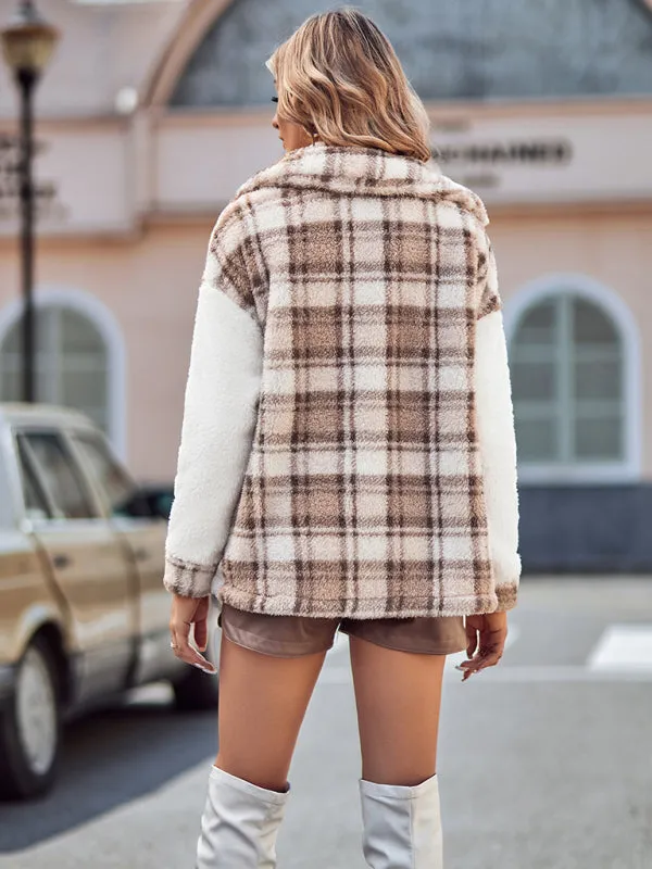 Patch Plaid Plush Drop Shoulder Jacket