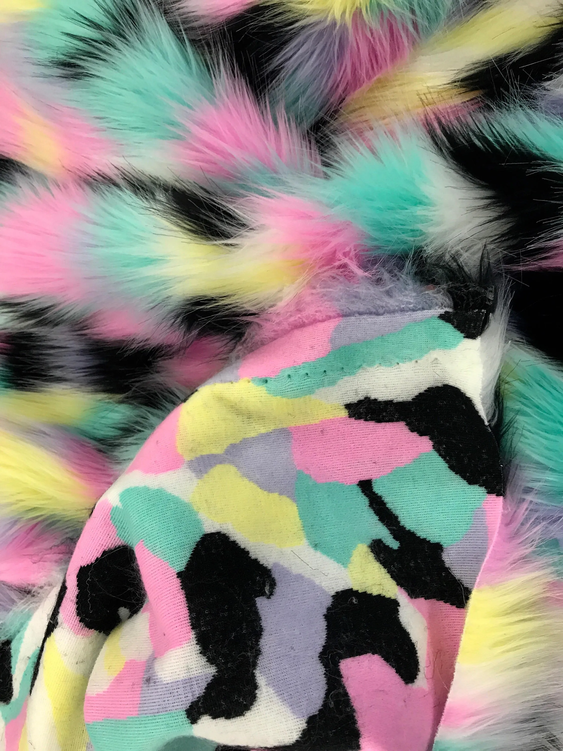 Pink tie dyed multi color jacquard faux fun fur- soper soft shaggy fur-60" wide-jackets-fashion-apparel-decorations-sold by the yard.