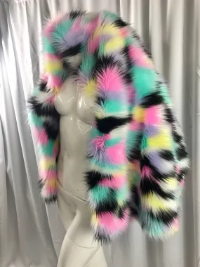 Pink tie dyed multi color jacquard faux fun fur- soper soft shaggy fur-60" wide-jackets-fashion-apparel-decorations-sold by the yard.