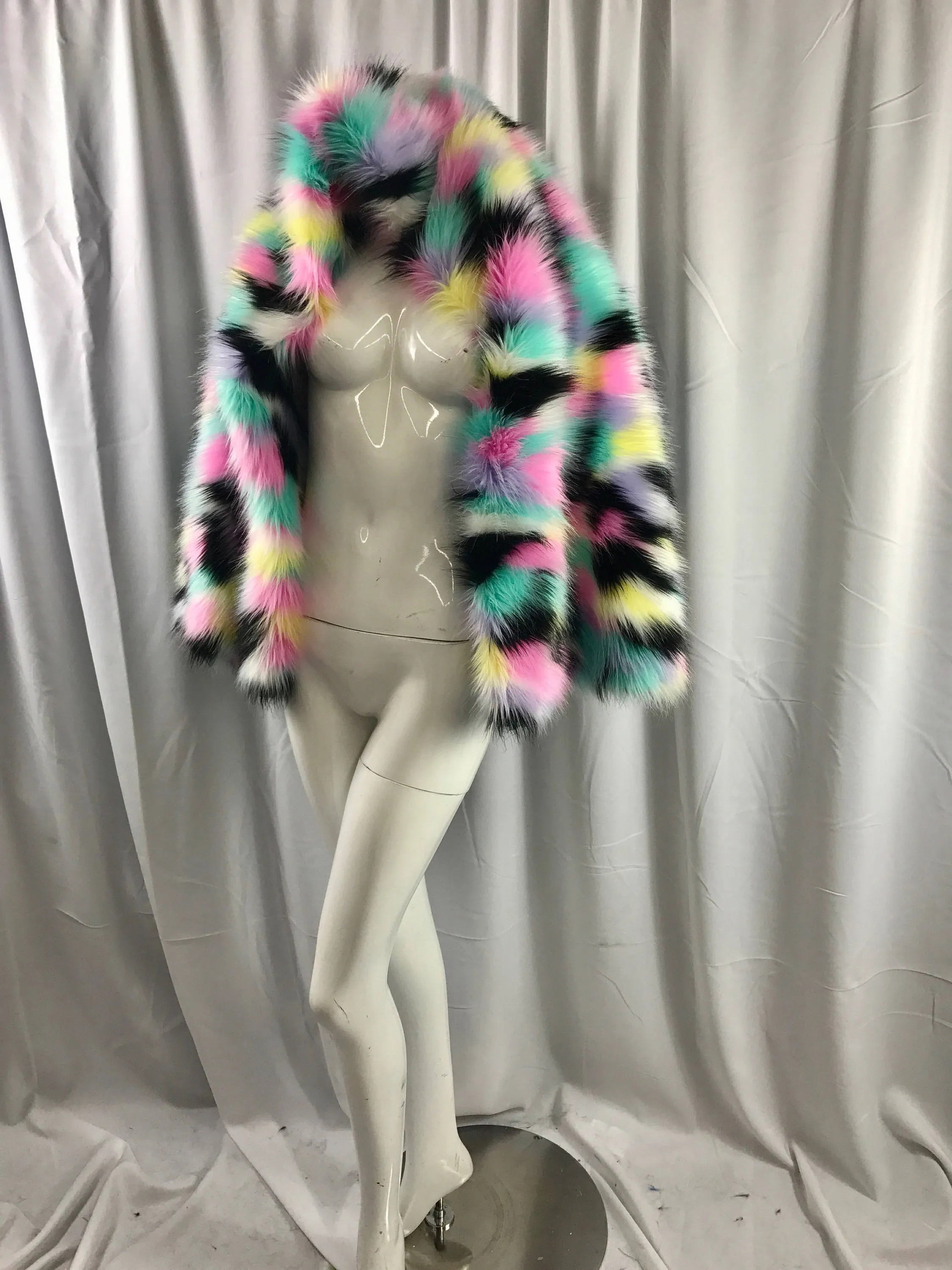 Pink tie dyed multi color jacquard faux fun fur- soper soft shaggy fur-60" wide-jackets-fashion-apparel-decorations-sold by the yard.