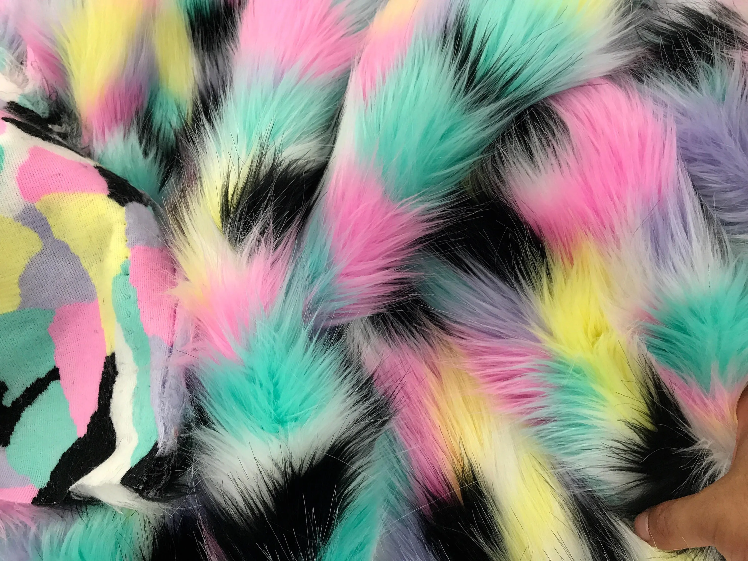 Pink tie dyed multi color jacquard faux fun fur- soper soft shaggy fur-60" wide-jackets-fashion-apparel-decorations-sold by the yard.