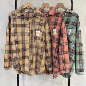 Plaid Women Shirts Autumn Fashion Loose Lantern Sleeve Korean Turn Down Collar Female Button Up Tops Causal Pocket Shirts