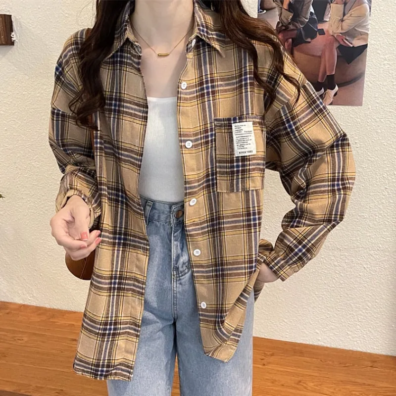 Plaid Women Shirts Autumn Fashion Loose Lantern Sleeve Korean Turn Down Collar Female Button Up Tops Causal Pocket Shirts