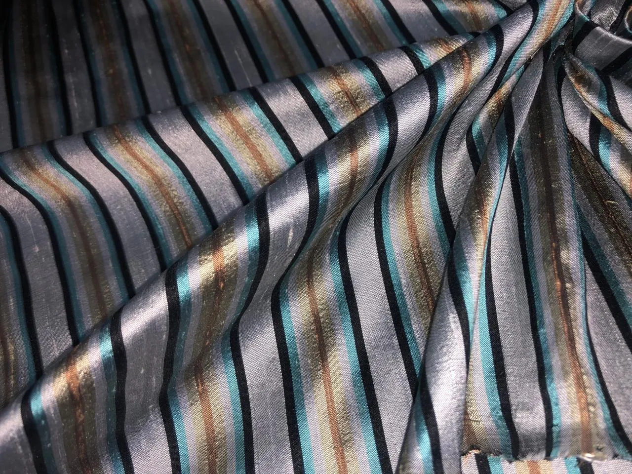 PURE SILK Dupioni FABRIC Silver grey, black ,blue and gold  color stripes DUPS12[1]