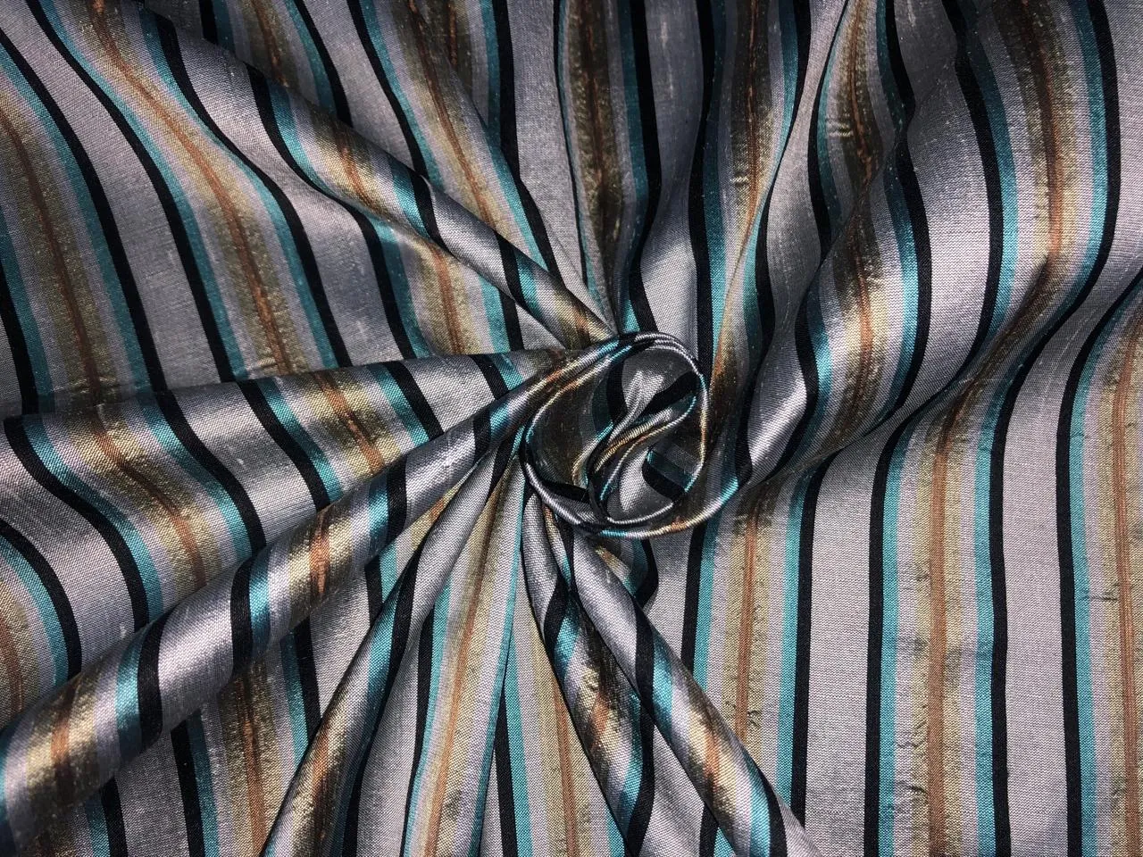 PURE SILK Dupioni FABRIC Silver grey, black ,blue and gold  color stripes DUPS12[1]