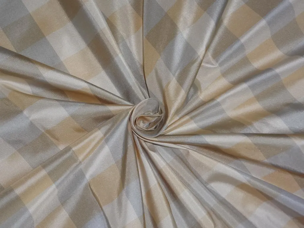 PURE SILK TAFFETA FABRIC Golden Caramel,Light Steel Blue &amp; Ivory COLOR PLAIDS TAFC30[3] 54&quot; wide