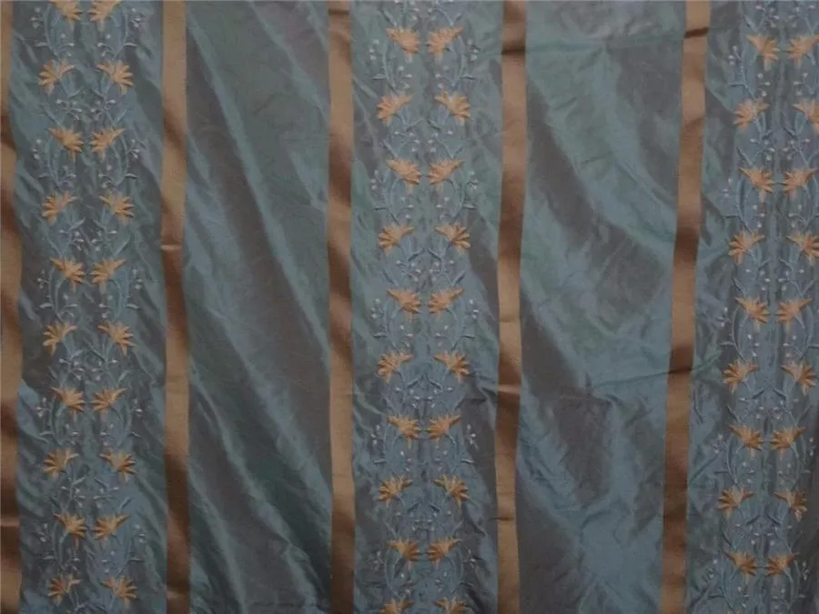 silk taffeta fabric blue x beige with gold satin stripe &amp; embroidery 54&quot;TAF#E14