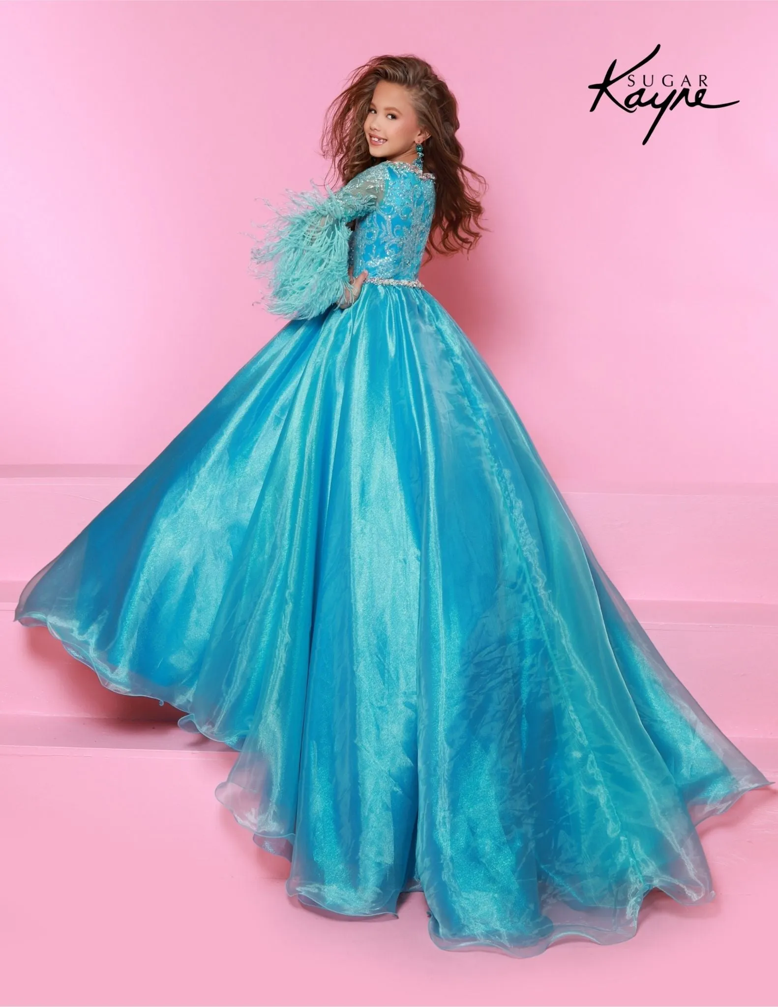 Sugar Kayne C338 Size 6 Aqua Long Girls  Preteen Pageant Dress A-line Ballgown Sequin Feather Sleeves