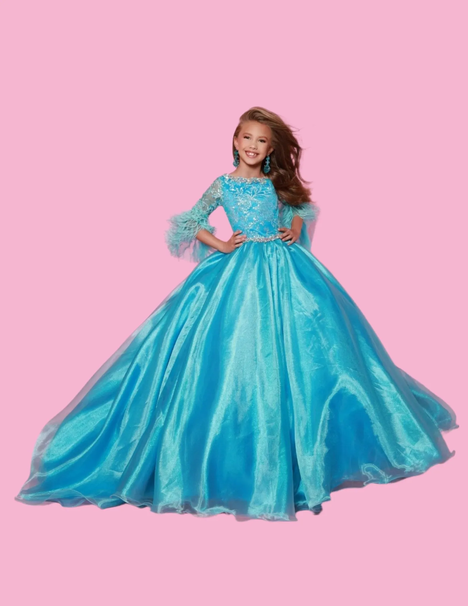 Sugar Kayne C338 Size 6 Aqua Long Girls  Preteen Pageant Dress A-line Ballgown Sequin Feather Sleeves