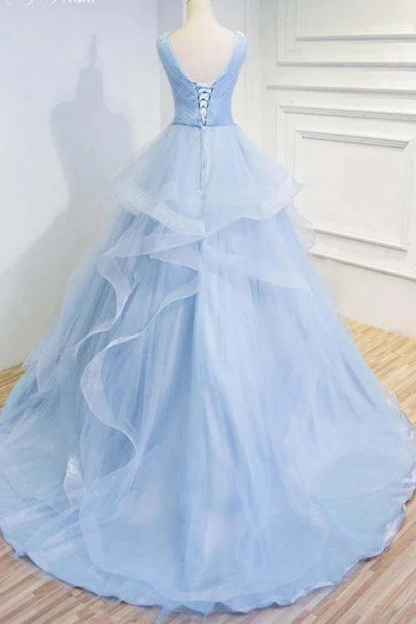 Sweetheart Blue Organza Ballgown V Neck Ruffles Appliques Prom Dresses