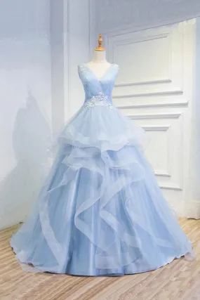 Sweetheart Blue Organza Ballgown V Neck Ruffles Appliques Prom Dresses