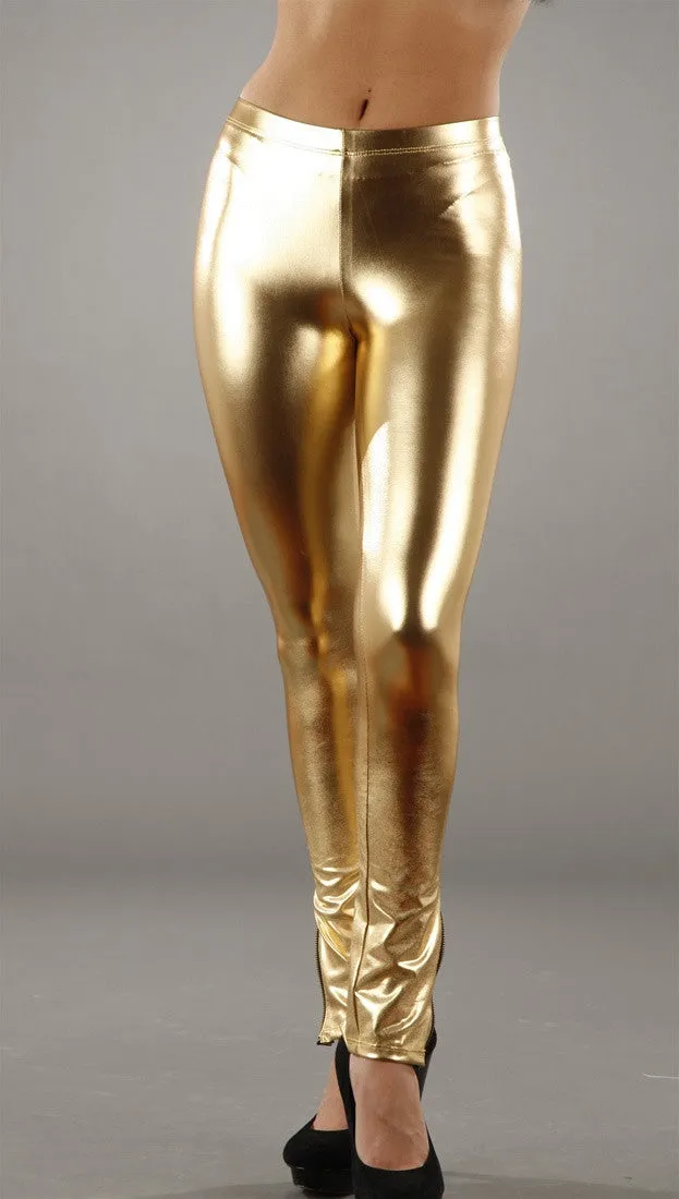 Vinyl Leather Ankle Zipper Leggings in Metallic Gold