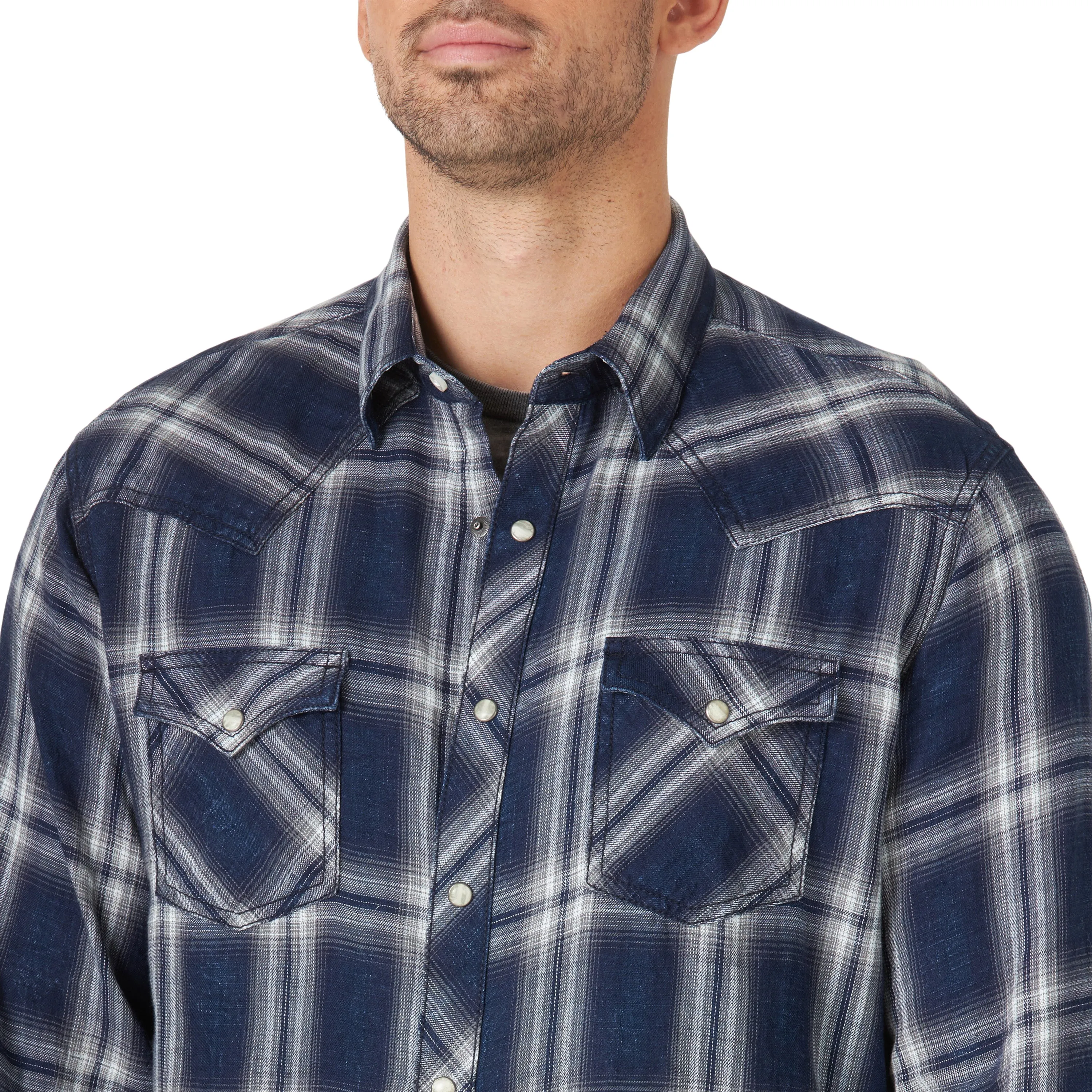 Wrangler Men's Retro Long Sleeve Western Indigo Snap Plaid Shirt-Blue/White