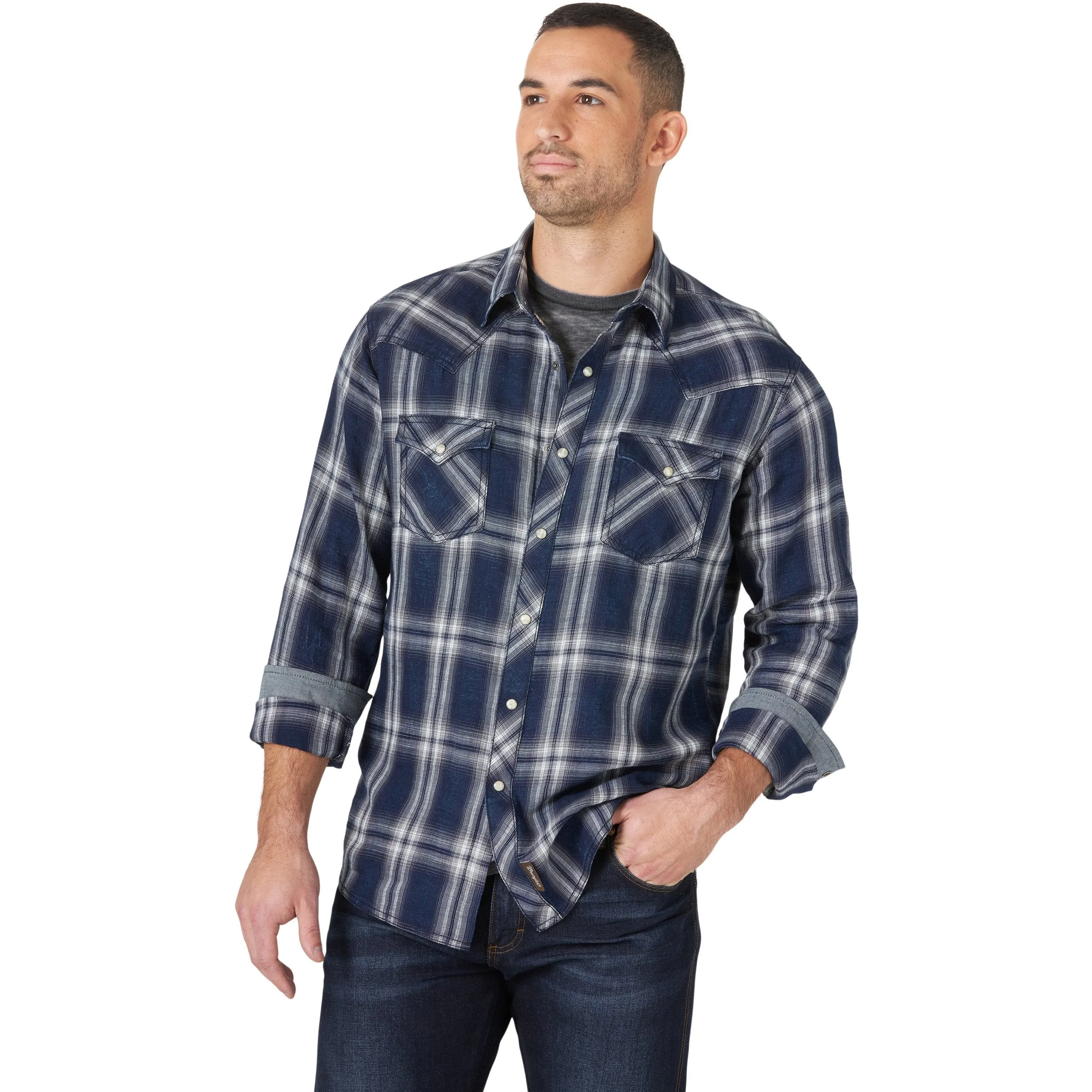 Wrangler Men's Retro Long Sleeve Western Indigo Snap Plaid Shirt-Blue/White