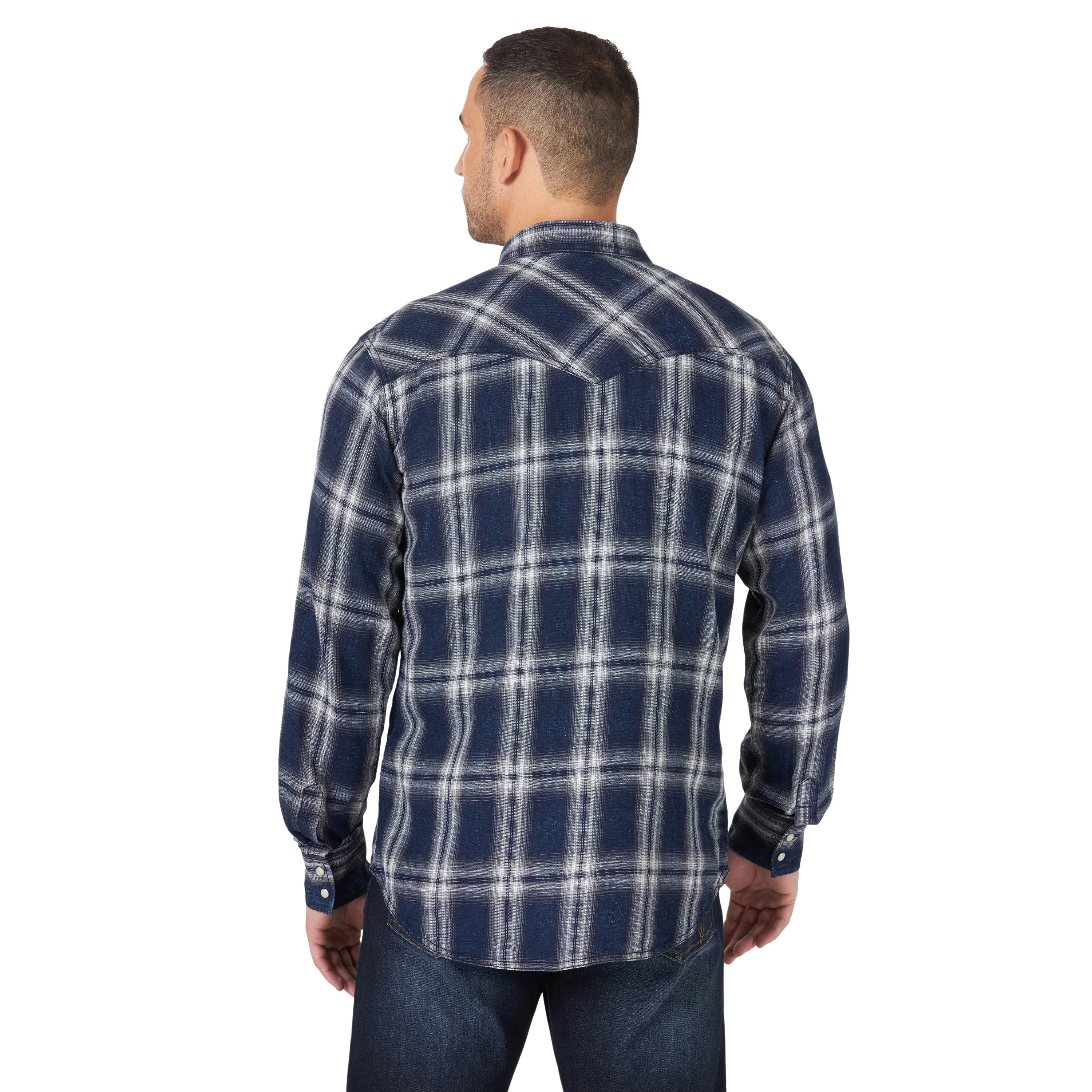 Wrangler Men's Retro Long Sleeve Western Indigo Snap Plaid Shirt-Blue/White